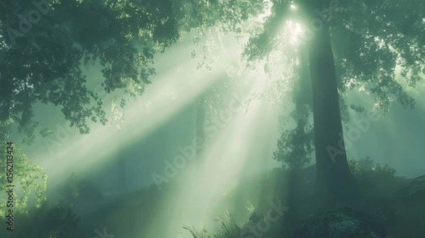 Fototapeta Sun rays piercing through a foggy forest