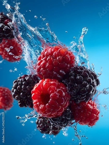 Obraz Raspberries and Blackberries Splashing in Water Against a Blue Background