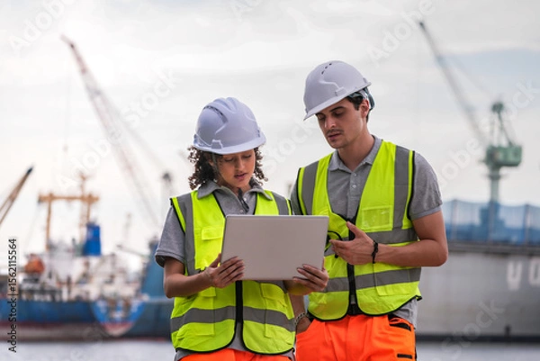 Fototapeta Two engineers wearing safety vests and helmets inspect port operations near the waterfront. They use a laptop and walkie-talkie, symbolizing teamwork, logistics, and marine industry work.