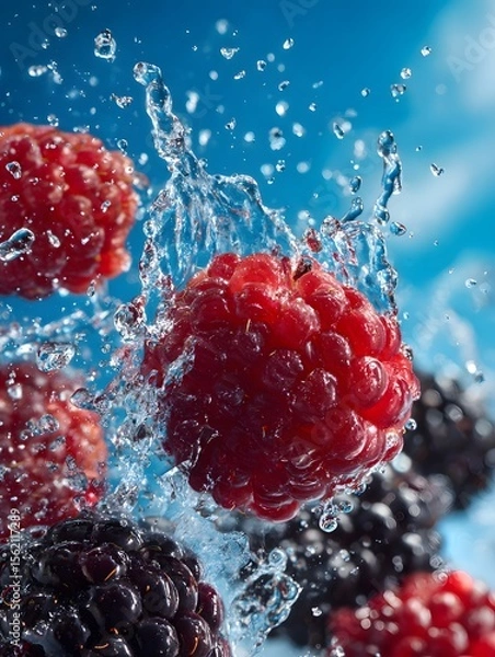 Obraz Berries Splashing in Water with Vibrant Blue Background