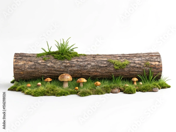 Obraz Log with moss and mushrooms isolated on white background