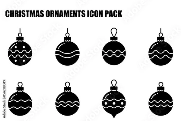 Fototapeta Christmas ornament icons in various styles displayed on a plain background. Simple black and white silhouette illustrations of Christmas ornaments with hanging loops.