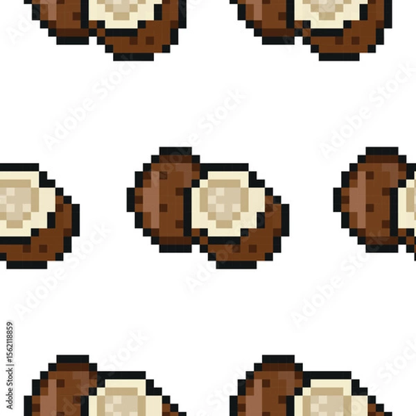 Obraz pattern with exotic fruit in pixel art style namely coconut icons, retro 8-bit graphics style with visible square pixels and minimal color palette