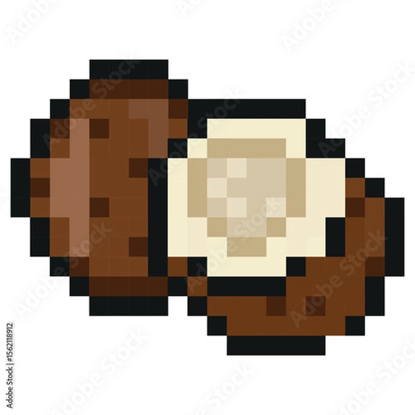 Obraz icon of an exotic fruit in pixel art style, namely coconut icons, retro style of 8-bit graphics with visible square pixels and minimal color palette