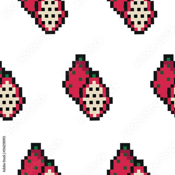 Obraz pattern with exotic fruit in pixel art style, namely dragon fruit icons, retro 8-bit graphics style with visible square pixels and minimal color palette