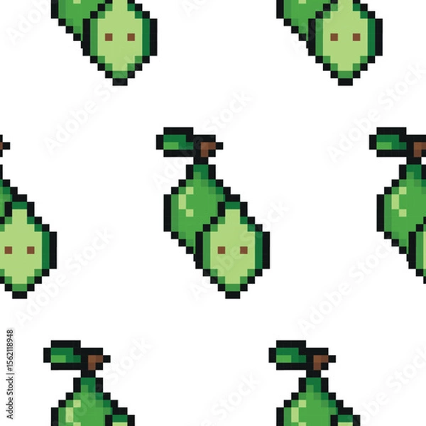 Obraz pattern with garden fruit in pixel art style, namely a green pear icon, retro 8-bit graphics style with visible square pixels and a minimal color palette