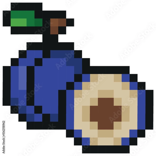 Obraz garden fruit icon in pixel art style namely plum icons, retro 8-bit graphics style with visible square pixels and minimal color palette