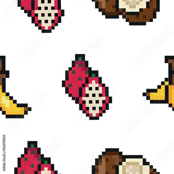 Obraz pattern of three exotic fruit icons in pixel art style, namely banana, coconut and dragon fruit icons, retro 8-bit graphics style with visible square pixels and minimal color palette