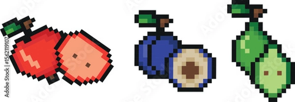Obraz set of garden fruits in pixel art style, namely apple, pear and plum icons, retro 8-bit graphics style with visible square pixels and minimal color palette
