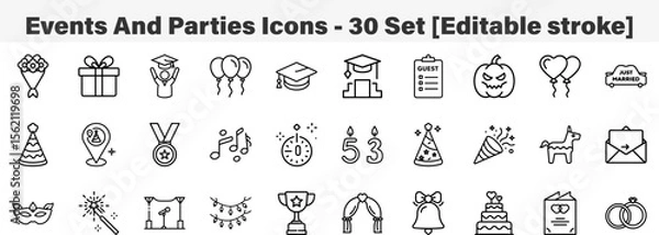 Fototapeta events and parties Icons 30 Set. Line Art Icon Collection. Editable Stroke. Vector Illustration