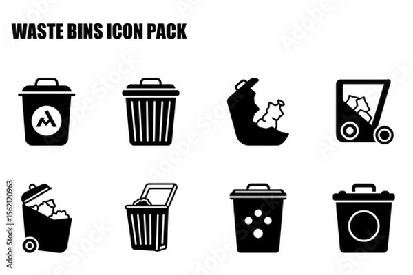 Fototapeta Waste bins icons, various styles, for general use. Collection of black and white waste bins in different configurations, showing open and full containers, with various details.