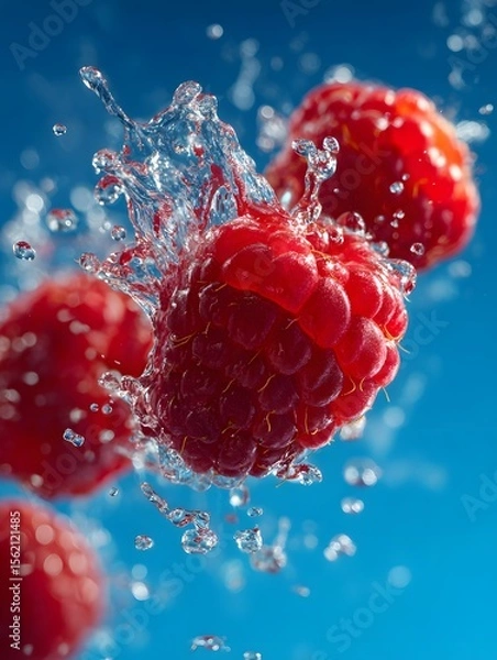 Obraz Raspberries Splashing in Water Against a Blue Background