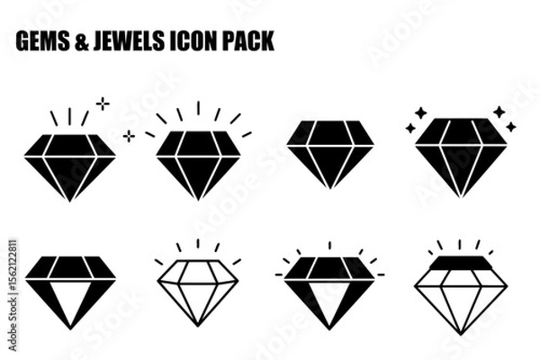 Fototapeta Diamond icon set in various styles with radiating light effects. Simple, outlined, and solid diamond illustrations for graphic design elements.