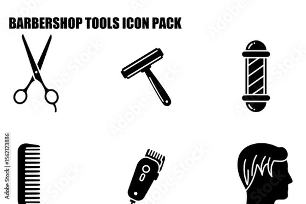 Fototapeta Barber shop tools icons with various implements in a professional barber shop setting. Stylized illustrations of hair cutting equipment for use in graphic design or digital media.