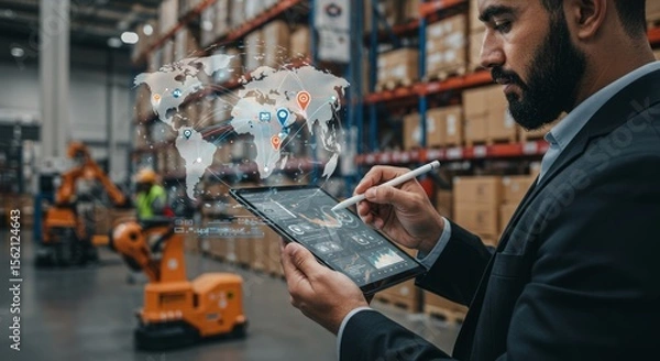 Fototapeta Warehouse manager using tablet with global logistics overlay