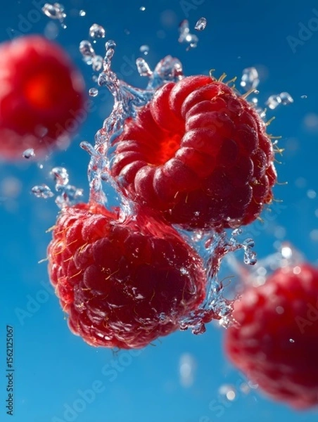 Obraz Raspberries Splashing in Water Against a Blue Background