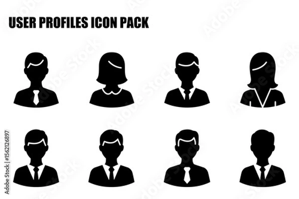Fototapeta Generic user profile icons in a professional setting. Silhouette representation of diverse user profiles in formal business attire against a white background.