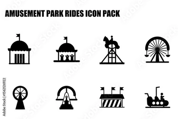 Fototapeta Amusement park ride icons in silhouette design showing various rides and attractions. Black and white simplified illustrations of a carousel, Ferris wheel, roller coaster, and more, in a flat design.