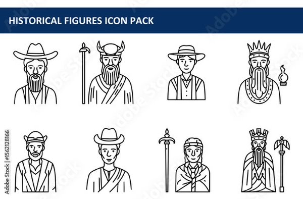 Obraz Historical figure icons of diverse individuals in various clothing and headwear. Portraits displayed in a simple, line-art style.