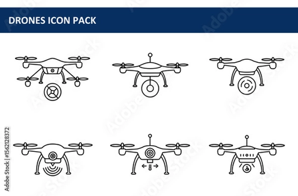 Obraz Drone icon pack depicting various drone models in different operational states. Collection of drone illustrations in a simple, clean line art style.