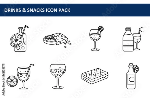 Obraz Drinks and snacks icon set featuring various beverages and foods in a simple line art style. Collection of illustrations for a drinks and snacks icon pack.