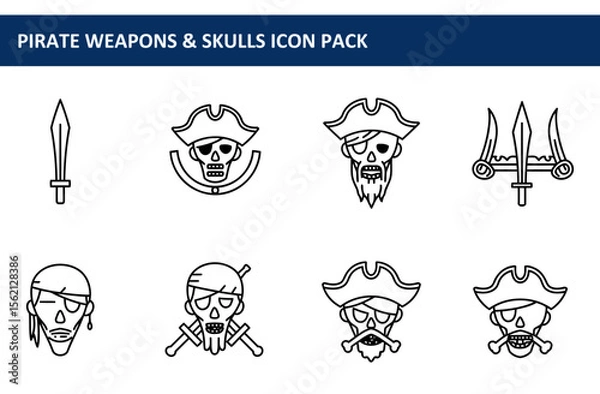 Obraz Pirate weapons and skulls icon set in a simple, bold line art style. Detailed, black and white illustrations of pirate weapons and skulls for use in a variety of design applications.