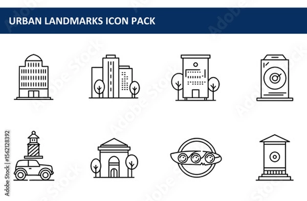 Obraz Urban landmarks icon pack with various buildings and infrastructure. Simple line illustrations of different urban locations.