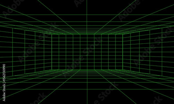 Obraz Empty futuristic 3D wireframe green room. Vector perspective grid. Cyberspace background. Box with digital space in virtual reality.
