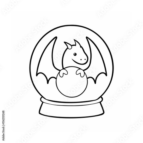 Fototapeta A dragon inside a snow globe with wings a smiling face outline drawing
