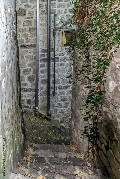 Fototapeta A narrow stone stairway tucked between old stone walls in Kotor, Montenegro, leading down a quiet and hidden passage. Ivy grows along the wall, adding a touch of nature to the urban setting