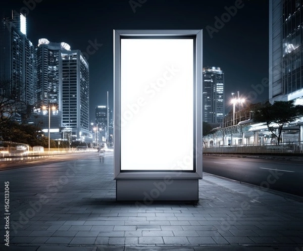 Fototapeta Blank billboard mockup for advertising design, isolated white display in urban city background, day and night scenes, high-resolution commercial layout for branding or promotional content, Generative 
