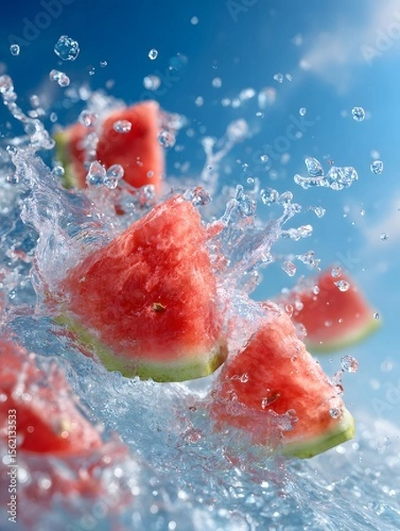 Obraz Slices of watermelon splashing into water against a bright blue background