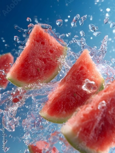 Obraz Slices of watermelon splashing in water against a blue background