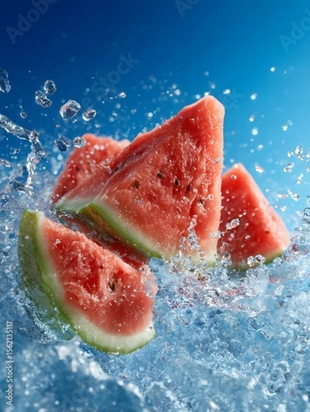 Obraz Slices of watermelon splashing into water against a vibrant blue background