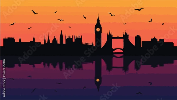 Fototapeta Silhouette of london skyline with famous landmarks reflected in water at sunset