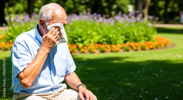 Fototapeta Elderly man suffering from the summer heat in a park, wiping his face with a handkerchief. Concept of heatstroke risk and staying cool for seniors' health. Banner with copy space