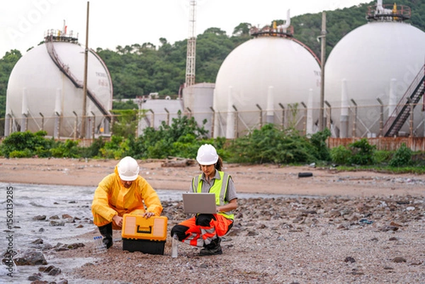 Fototapeta Two environmental engineers in safety gear work at a shoreline near gas storage tanks. One collects water samples, while the other records data on a laptop during site inspection.
