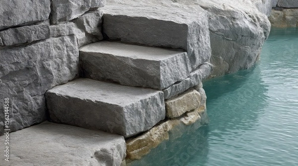 Fototapeta Tranquil escape, relaxing poolside oasis with stone wall and bench