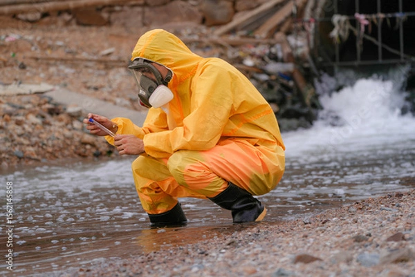 Fototapeta Environmental field team in protective gear analyzes water samples on a polluted beach. One holds a laptop while the other handles vials for chemical testing of coastal pollution.