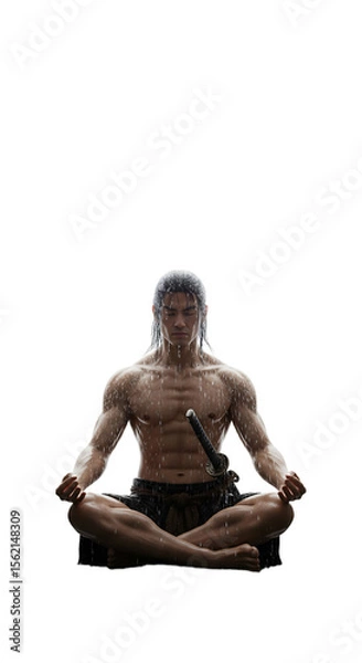 Obraz A samurai meditating under a waterfall