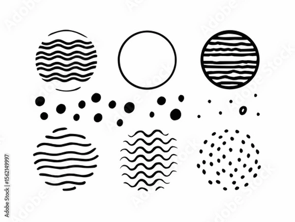 Obraz Various abstract shapes and patterns including circles, dots, and wavy lines in black and white art