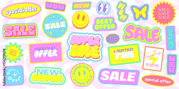 Fototapeta Super Sale Cartoon Stickers Collage. Cool Y2k Promo Patches with Wavy Texture.