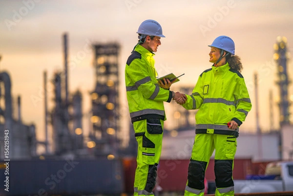 Fototapeta Two industrial workers in high-visibility safety uniforms discuss work plans on-site during golden hour, with a refinery or factory plant blurred in the background.