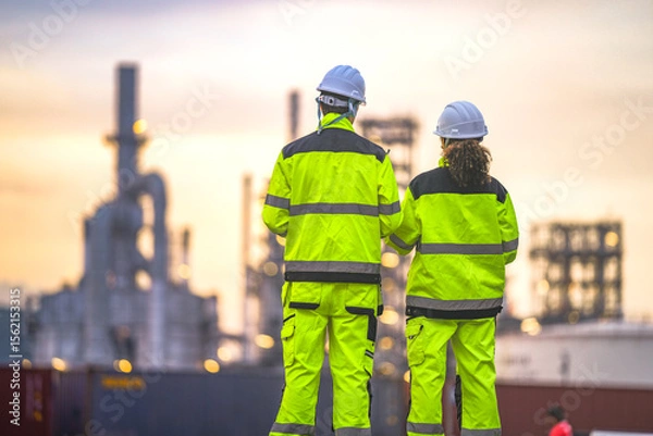 Fototapeta Two engineers in high-visibility suits and helmets review data on a tablet while standing in front of a refinery at sunrise, indicating teamwork and safety in a heavy industry zone.