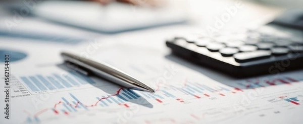 Fototapeta The pen resting on financial documents with a calculator and graphs.