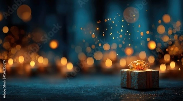 Fototapeta Diwali - themed blue banner with bokeh, candles, gift box for text space.