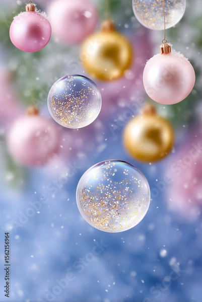 Fototapeta Christmas glass ornaments with gold glitter and snow falling over pastel background, holiday decoration concept