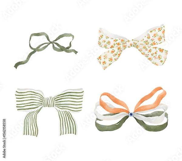 Obraz Watercolor set with cute hand painting bows green, white and orange colors, decorative design elements in rustic style, indian symbol, delicate print for your cards, frames or posters.