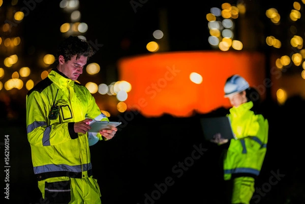 Fototapeta Two engineers collaborate on a night shift using a laptop and tablet at a plant A concept for the Fourth Industrial Revolution predictive maintenance and the Industrial Internet of Things