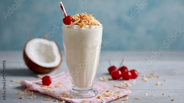 Fototapeta Creamy Coconut Milkshake with Cherry and Flakes